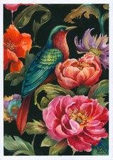 original painting A4 43YAG artwork acrylic Bird in peonies blooming garden