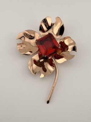 Vintage Modernist Sterling Gold Floral Brooch Sculptural Statement with Ruby Red