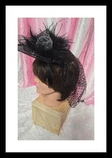 Black Round Tulle Fascinator Clip Bow Flower Feathers Headband 