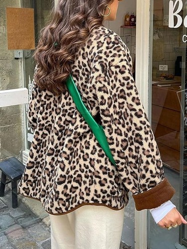 Women's Leopard Print Fleece Jacket Long Sleeve Button Down Shacket Jackets Fall - Picture 10 of 24