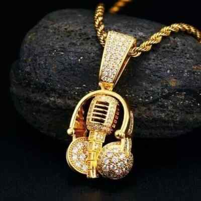 1.00Ct Lab Created Diamond Round Microphone Headset Pendant 14K Yellow Gold Over