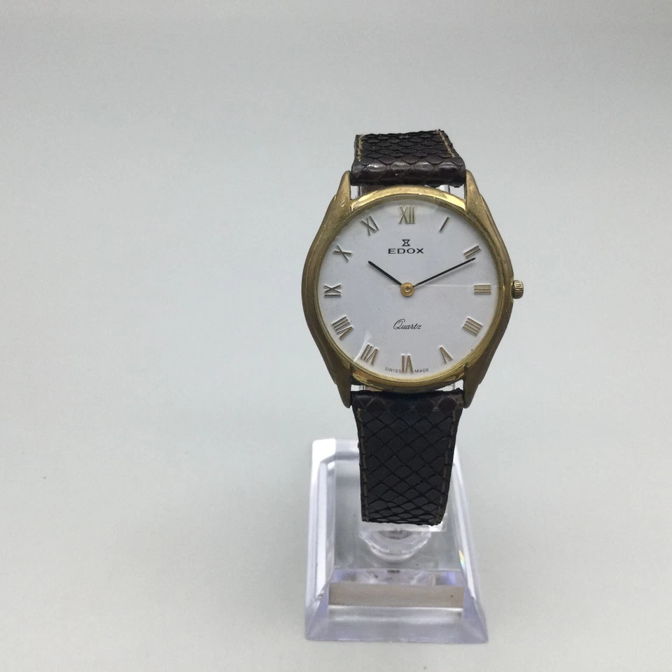 Vintage Edox Watch Unisex Swiss Made 33mm Gold Tone Leather Band New Battery - Image 2 of 4