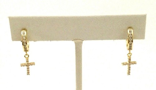 925 massiv Sterling Silber & 14K vergoldet Kreuz Ohrringe - 2mm x 12mm - E1415 - Bild 6 von 7