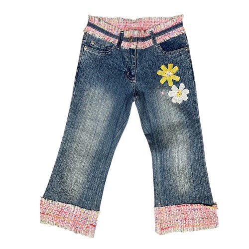 Bianni Tweed Jacket & Jeans Set Flower Applique Denim Trim Kid's - Picture 2 of 7