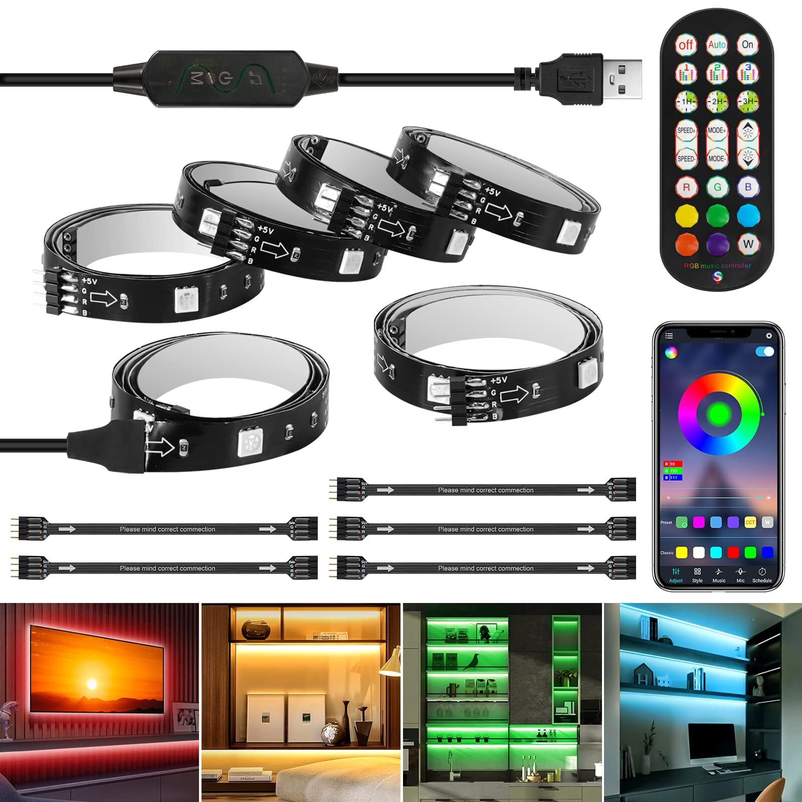 10ft LED Strip Lights with 6 Pre-cut 1.64ft RGB Sections for 43-65 Inch TVs, App Control-image