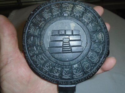 Hand Carved Black Stone Mayan Aztec Calendar Pyramid w/ Stand 5'' signed art