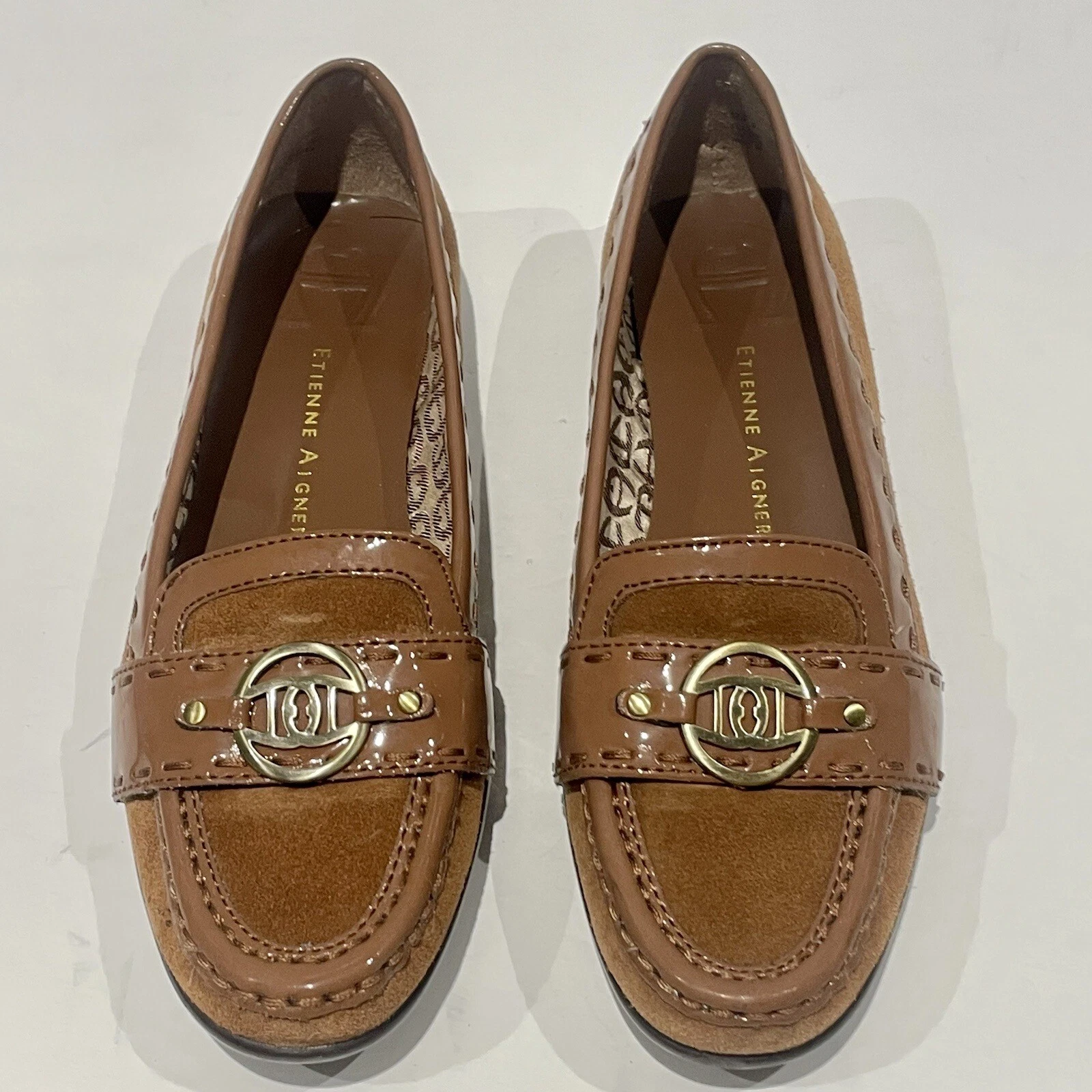 Etienne Aigner Camel Brown Suede Gold Buckle Non Slip Loafers - Size 6