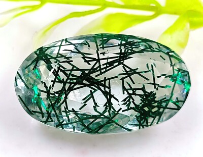 LAB CREATED GREEN RUTILATED QUARTZ 64.30 CT OVAL SHAPE TRANSPARENT GEMSTONE MKQ