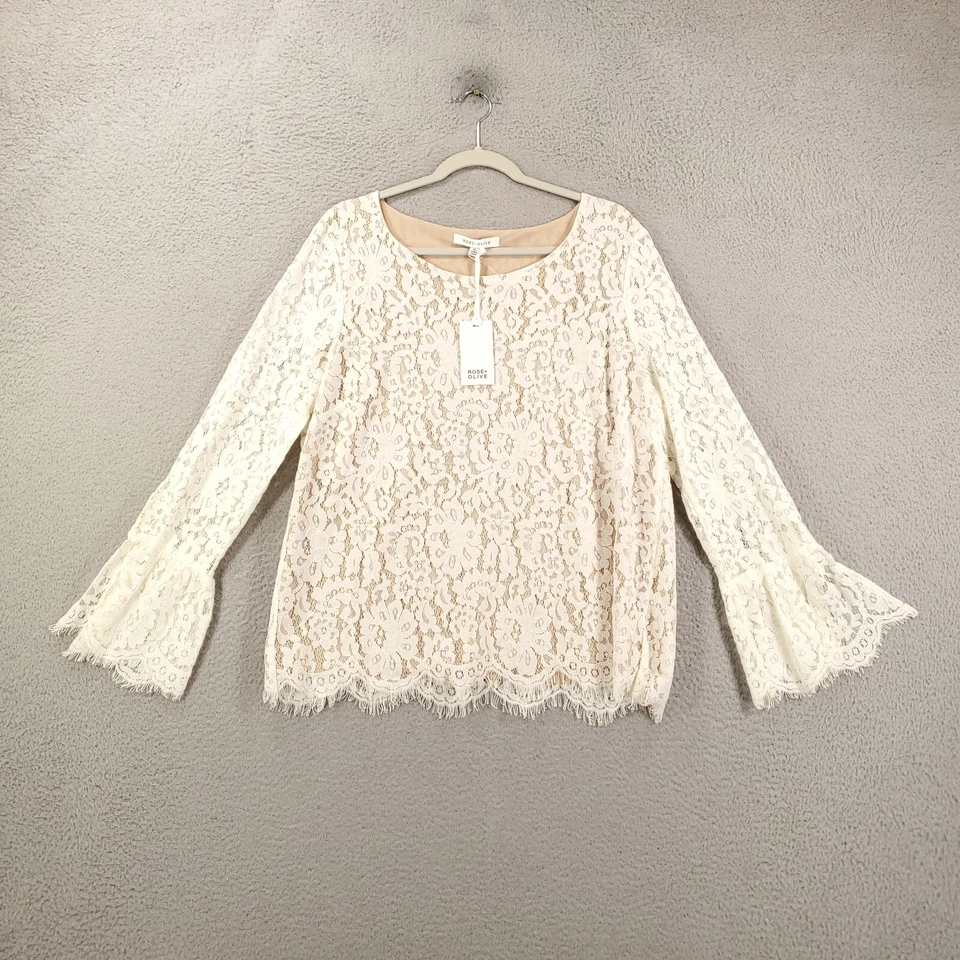 New Lace Blouse Womens XL Cream Flared Lined Scalloped Raw Hem Boho NWT - Image 2 of 4