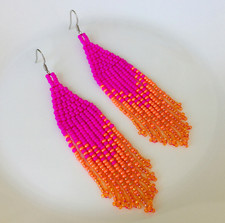 Fuschia seed bead earrings, Hot pink orange gradient beaded earrings with fringe
