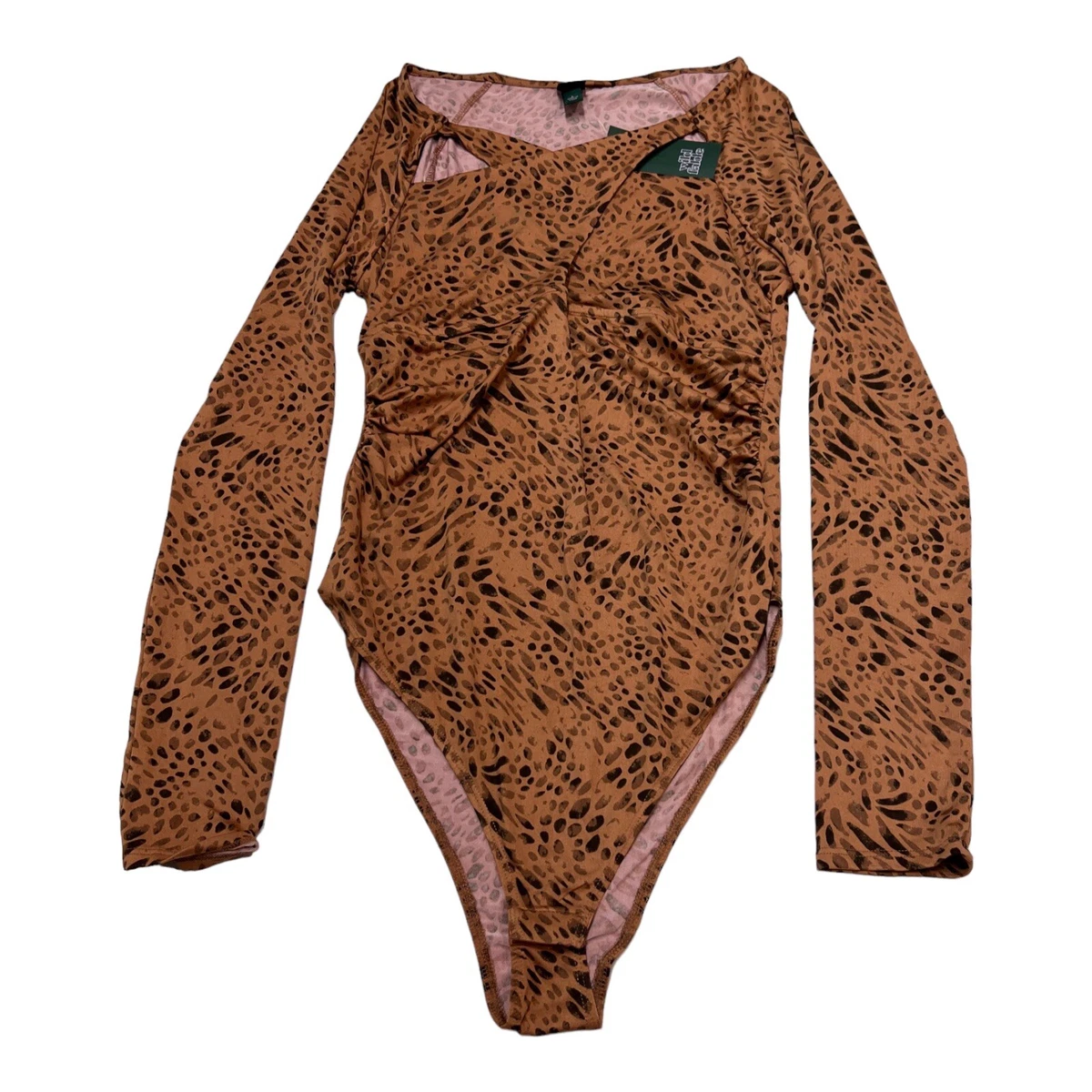 Wild Fable Womens XXS Long Sleeve Cross Front Cut Out Leopard Bodysuit  Brown