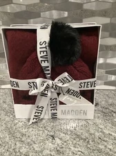 Womens Steve Madden Hat & Scarf Set Black/Red Burgundy Plaid One Size. New