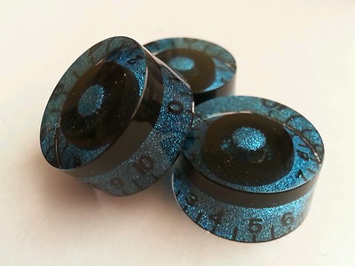 4 CTS Split Shaft Guitar speed volume/tone knobs. Black/Turquoise Flake.  JAT