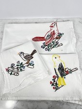 Set Of 3 Vintage Hand Embroidered Bird Flour Sack Towels . Cottage Core