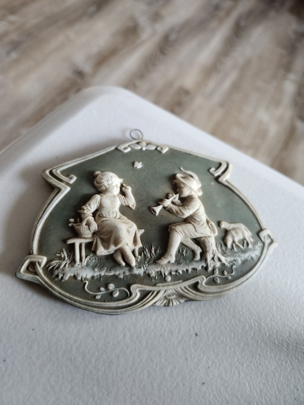 Jasperware Sage Green Wall Plaque Couple Listens To Music Rare