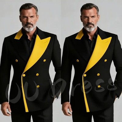 Men Suit Yellow Peak Lapel Prom Tuxedo Wedding Groom Party Jacket Splicing Color
