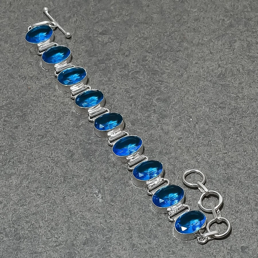 Facettierter Schweizer Blautopas ovale Form Edelstein Handarbeit ethnischer Schmuck Armband 8"