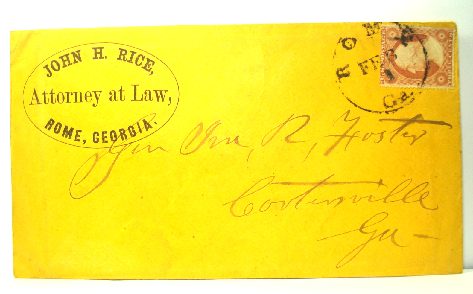 1850's GENERAL IRA ROE FOSTER ROME GA Cover ADVERTISING JOHN RICE ATTORNEY