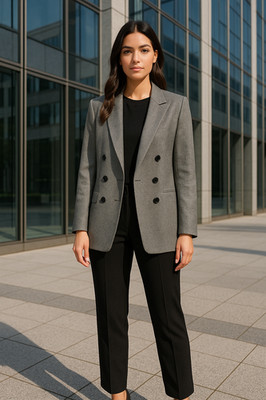bar III Women's 1X Gray Metallic Bi Stretch Faux Double Breasted Blazer Jacket