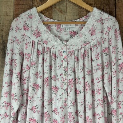 Eileen West Nightgown Medium Pink Floral Lace Long Sleeve Cottagecore Coquette