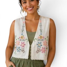 Vintage Embroidered Floral Vest White Crochet Lace Trim Cropped Handmade Sz M