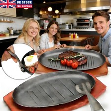 Cast Iron Sizzle Platter Steak Sizzler Serving Plate Wooden Base Grill Veg Meat