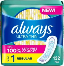Always Ultra Thin Pads without Wings, Size 1, Regular, 132 Count (3 Packs of 44)