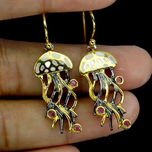 925 Sterling Silver Earrings Round Ruby Myanmar Mop Jellyfish Gemstone Jewelry - Picture 2 of 13