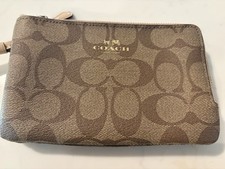 Coach Logo Double Zip Wristlet Signature Canvas Khaki Brown Tone Zip Clutch