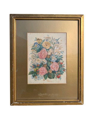 Antikes Original Wassergemälde Blumenstrauß um 1800 vergoldeter Rahmen Holzrücken