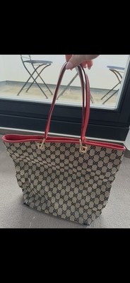 Gucci GG Canvas Tragetasche Beige Rot Leder Monogramm Doppelgriff Damen