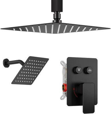 2-Head Shower Faucet Set   12'' + 8'' Rain Showerheads, Ceiling Mount Push-Button