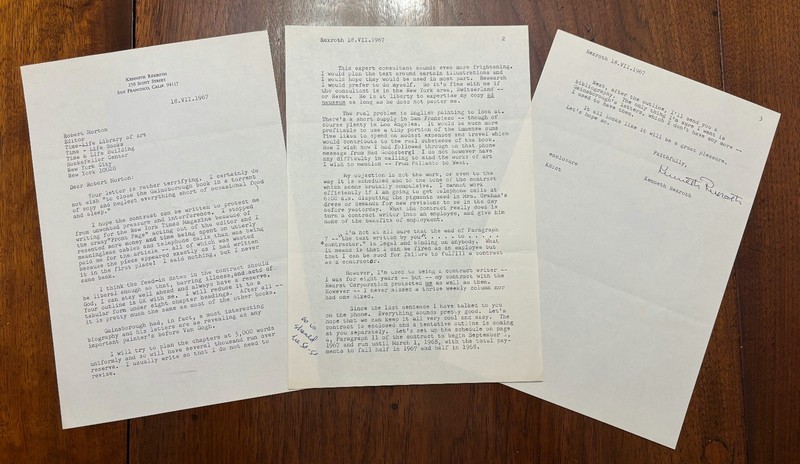 Kenneth Rexroth 3-page signed letter 1967 to Time Life ed re Gainsborough assign