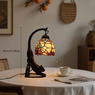 Table Lamp, Bedside Lamp with Cat Base Tiffany Style Table Lamp Bronze, Colorful