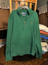 VINTAGE Polo Ralph Lauren Mens M Green Cotton 1/4 Zip Rib Knit Sweater