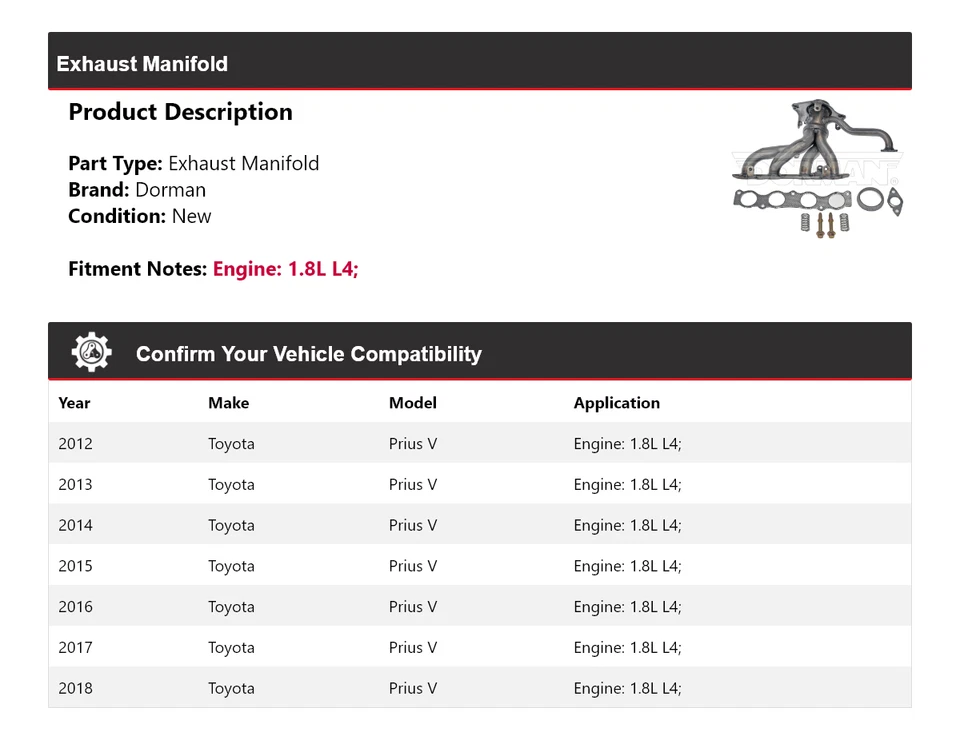 Выпускной коллектор для Toyota Prius V 1,8 л L4 Dorman 2012-2018 годов выпуска 2013 2014 2015 годов выпуска - Изображение 2 из 4