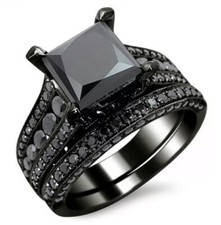 New Princess Cut Black Sapphire Sterling Silver Ring Set