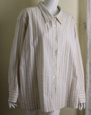 Denim & Co 2X Beige White Seersucker Cool Cotton Stretch Blouse Shirt Tunic Top