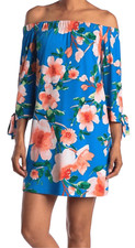 Vince Camuto Size 8 Dress Shift Blue Pink Floral Off Shoulder Tie Sleeve 1268