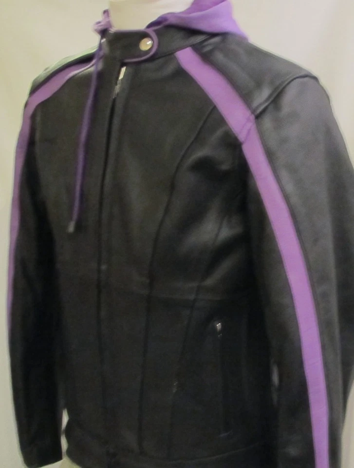 Womens Black & Purple Embroidered Leather Motorcycle Biker Jacket Zip Hoodie 2XL - Image 3 of 4
