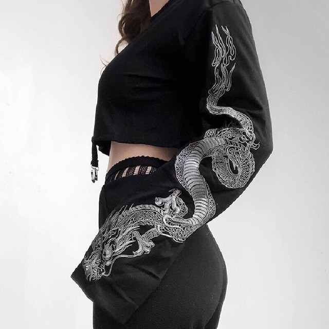 Fashion Women Dragon Print T-shirt Long Sleeve Loose Crop Tops Short ...