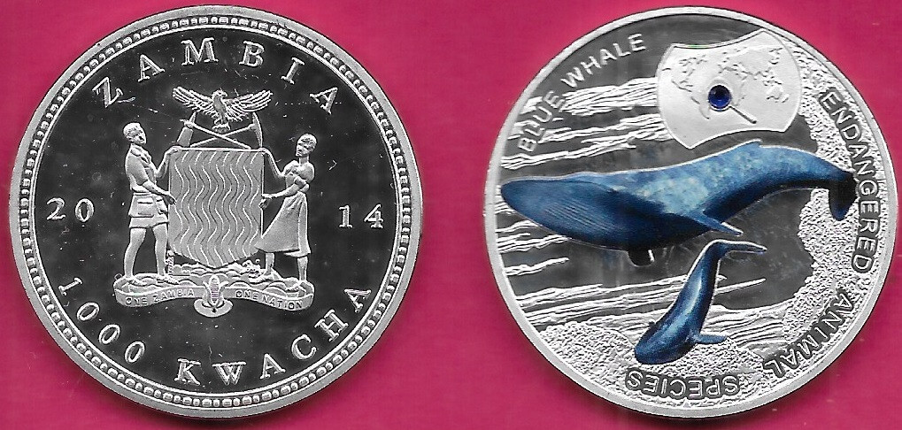 ZAMBIA 1000 KWACHA 2014 UNC BLUE WHALE AND CALF,1 YEAR TYPE,NON