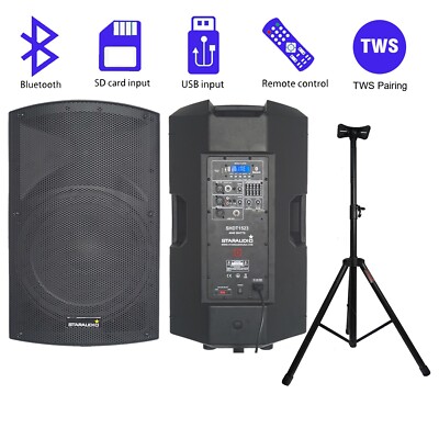 15'' Class D Powered Active PA Audio Speaker W/ Universal Adjustable Height Stand
