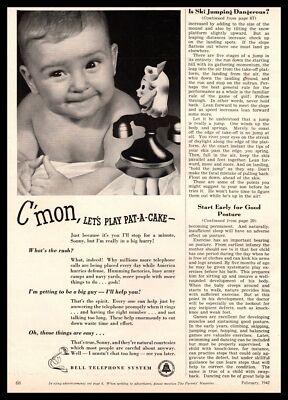 1942 Bell Telephone System ''C'mon, Let's Play Pat-A-Cake'' Baby Vintage Print Ad