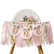 Pink Golden Floral High Chair Banner - Rose 1st Birthday Highchair Banner Gir...