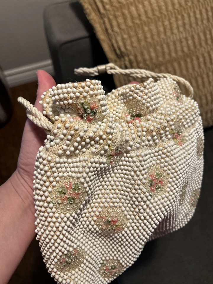 Lumured Corde Beaded Vtg 50s Kiss Drawstring Purse Ivory Floral Embroidered — 第 4/4 张图片