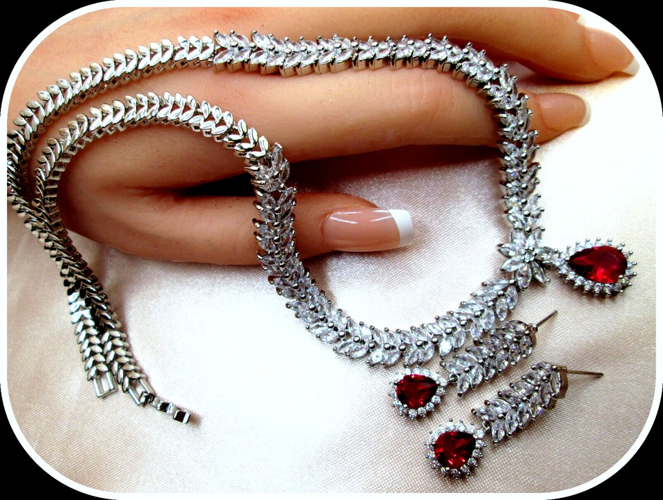 Ruby pear cut gemstone ladies Necklace Earrings Set For Brides party Weddings - Image 2 of 4