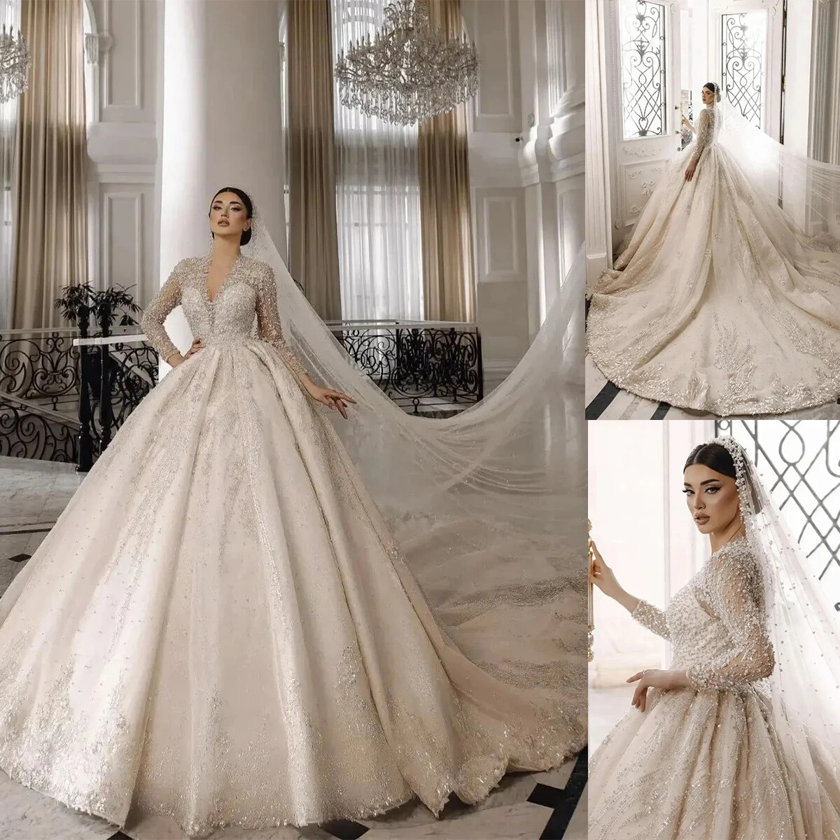 Luxury Princess Wedding Dresses V-Neck Long Sleeve Lace Applique Bridal  Gowns | eBay