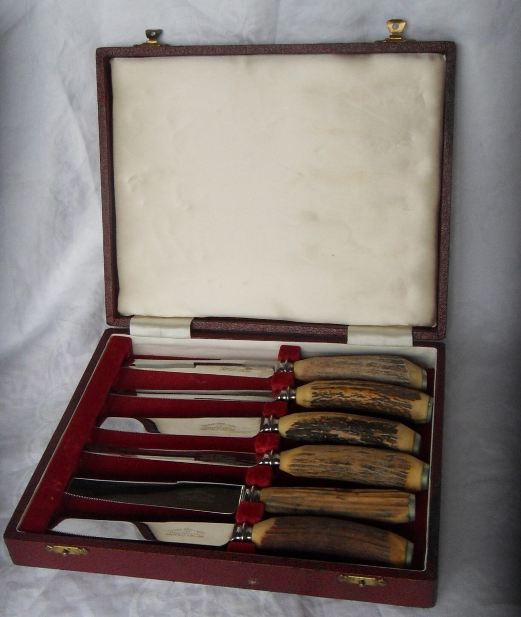 英国ヴィンテージ アントラーハンドル ステーキカトラリー6ペアセット Lancelott of Sheffield Set of 6 Vintage Antler Handle Stainless English Steak