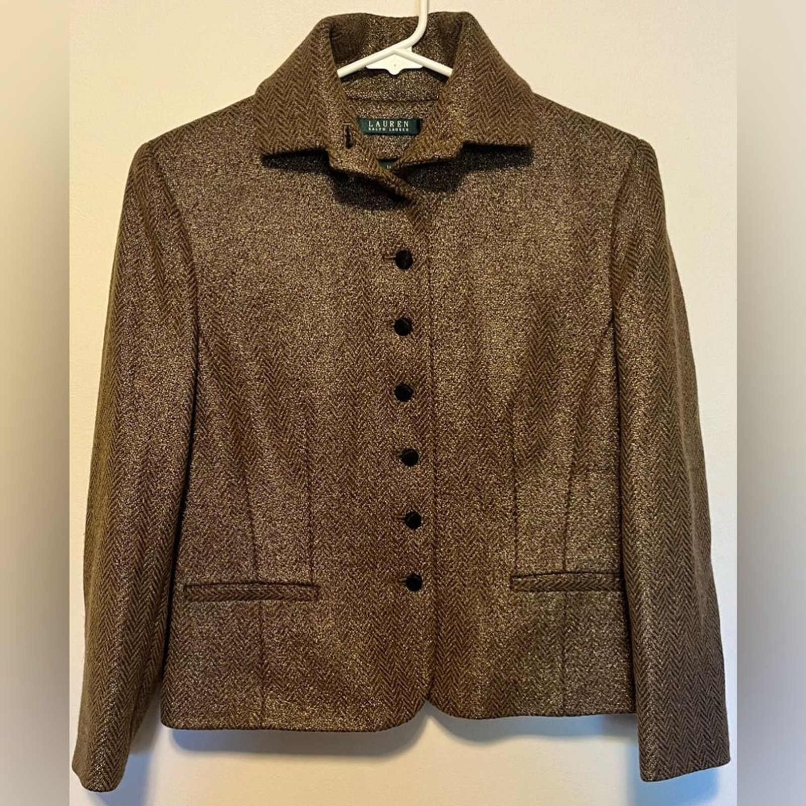 Lauren Ralph Lauren Brown Gold Tweed Wool Blazer Jacket Size 14